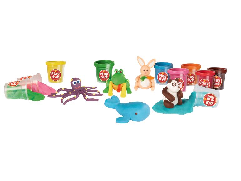 Pâte à modeler Play-tive : animaux et pots de couleurs variées.