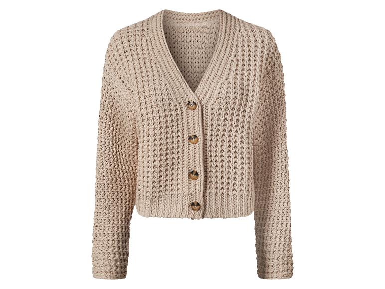 Gilet beige en tricot côtelé, boutonné.