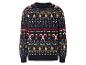 Un pull de Noël bleu marine avec des motifs de bonhommes de neige, de sapins de Noël et de cannes en sucre.