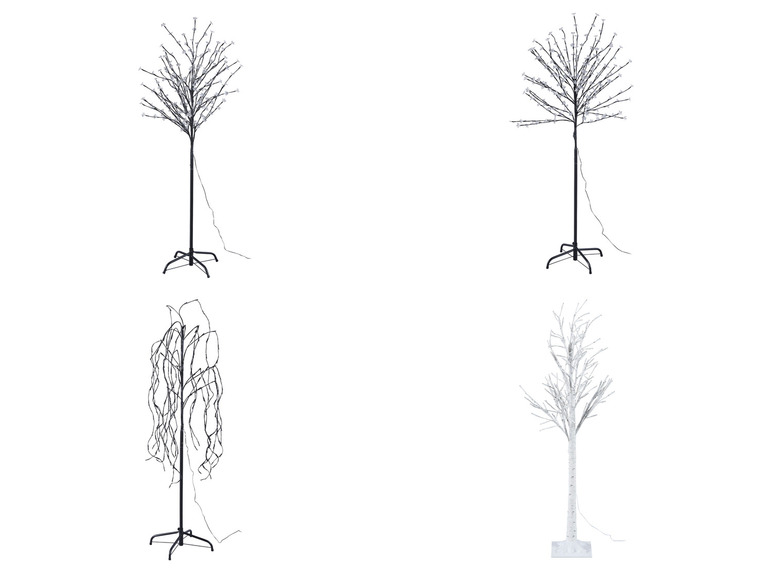 Quatre arbres LED avec des lumières blanches, y compris un saule pleureur, un cerisier et deux bouleaux.