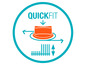 Un logo circulaire avec le texte QuickFit et une illustration d'un produit qui peut se déplacer dans toutes les directions.