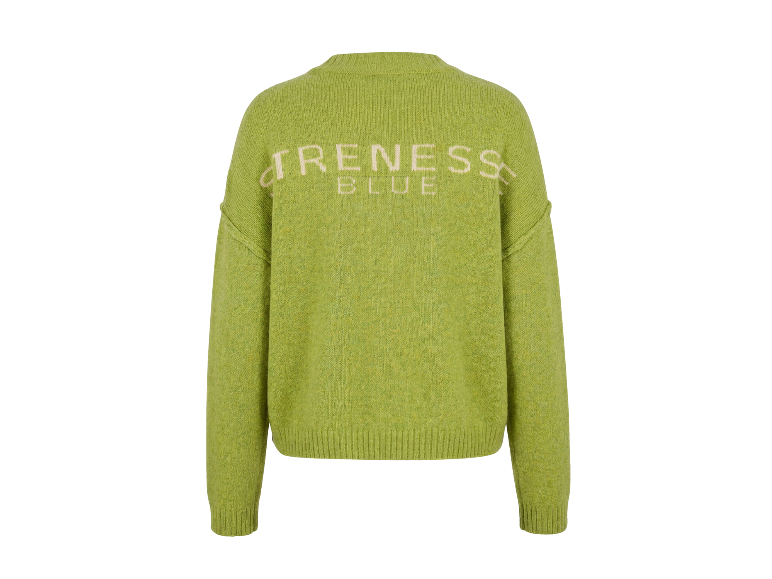 Pull en maille vert avec texte clair au dos.