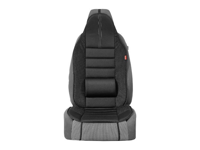 Housse de siège de voiture noire et grise avec surpiqûres blanches et étiquette airbag.