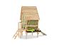 Maisonnette en bois avec cuisine de boue et toboggan.