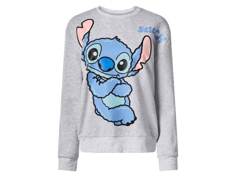 Sweat-shirt gris à manches longues avec un imprimé bleu du personnage Stitch et le mot 'Stitch'.