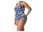 Maillot de bain une pièce femme à motif abstrait bleu et blanc avec fronces.