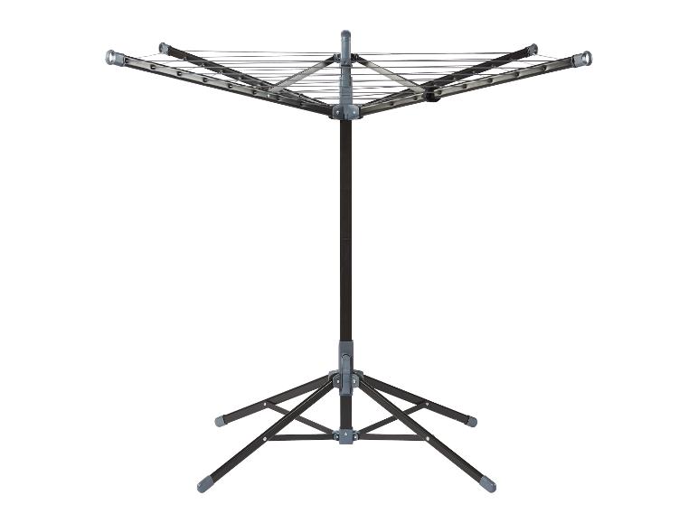 Séchoir à linge rotatif portable avec cadre gris foncé et accents gris clair.