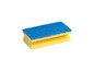 Une éponge à vaisselle bleue et jaune.
