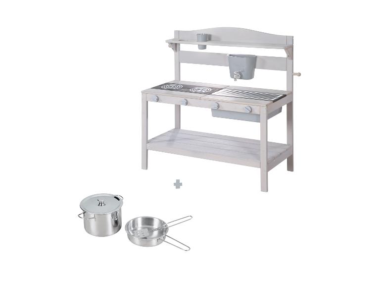 Cuisine de jeu en bois pour enfants avec plaque de cuisson, évier et accessoires de cuisine en métal.