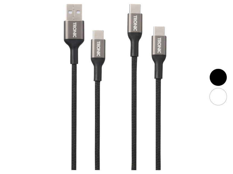 Trois câbles USB noirs de la marque TRONIC avec différents connecteurs.
