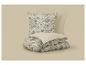 Deux oreillers et une couette pliée avec un motif floral gris et un côté beige uni.