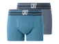 Deux boxers en coton, un bleu et un gris, avec des ceintures rayées et du texte blanc.