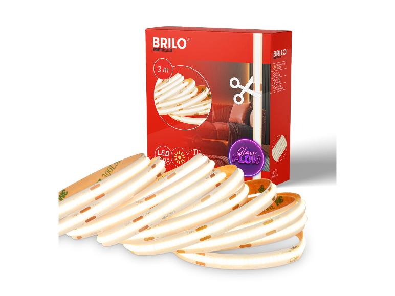 Une boîte de rubans LED Brilo de 3m, avec des rubans LED blanc chaud à l'avant.