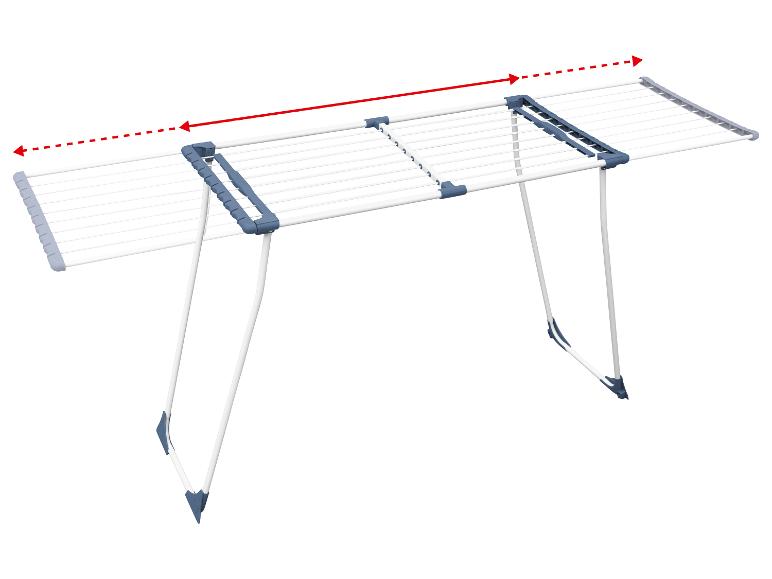Séchoir à linge extensible avec accents bleus, flèche indiquant la longueur ajustable.