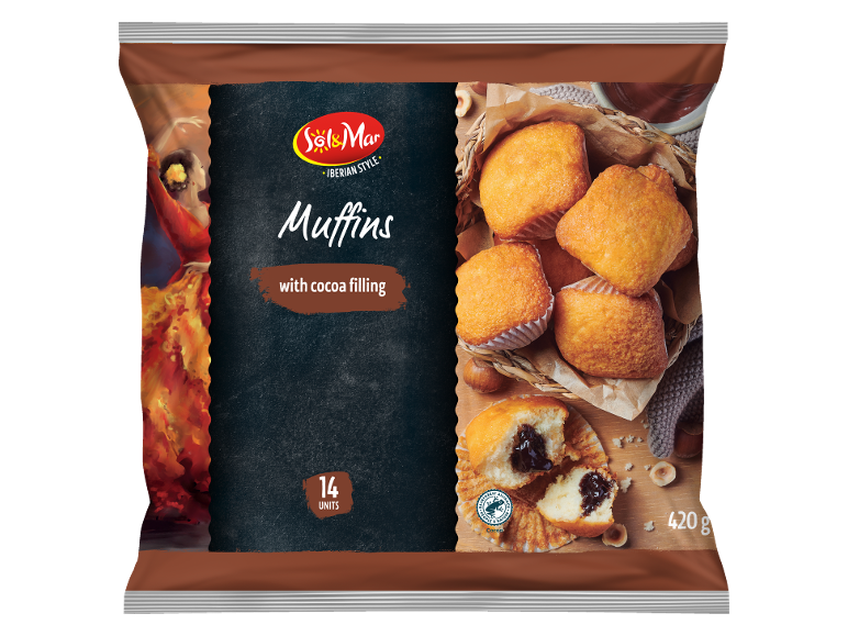 Emballage de muffins au fourrage cacao, 14 unités, 420g, avec marque style ibérique.