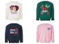 Quatre sweats pour enfants : blanc avec une princesse, vert avec des super-héros, bleu marine avec Spider-Man, rose avec Stitch.