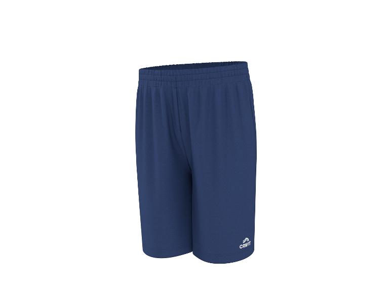 Short de sport bleu marine avec taille élastique et logo sur la jambe.