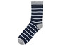 Une chaussette bleue avec des rayures blanches.