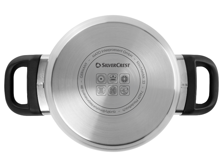 Une casserole en acier inoxydable SilverCrest vue de dessus.
