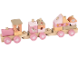 Train en bois avec blocs roses et beiges, images d'animaux et de feuilles.