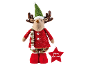 Renne en peluche de Noël avec un chapeau vert et une écharpe, tenant une étoile rouge.