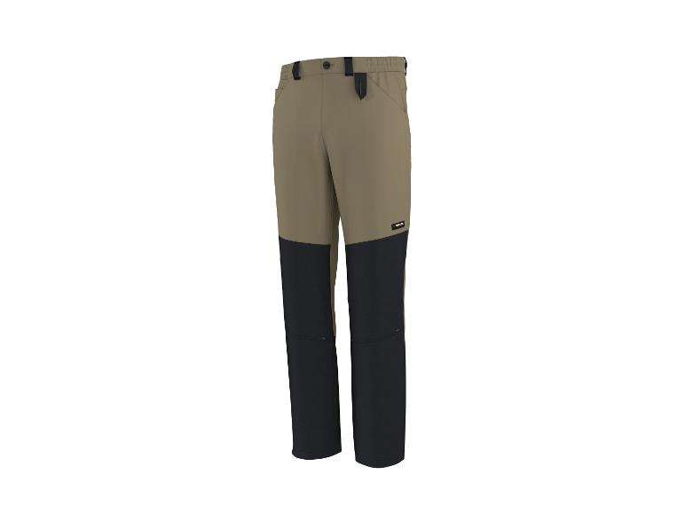 Pantalon de travail kaki et noir avec détails élastiques à la taille.