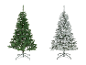 Deux sapins de Noël artificiels, un vert et un floqué de neige, sur fond blanc.