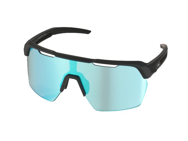 Lunettes de soleil de sport noires avec verres bleus, vue de face.