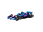 Voiture de course miniature bleue et rose avec jantes blanches sur fond noir