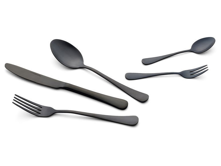 Un couteau, deux fourchettes et deux cuillères en noir.