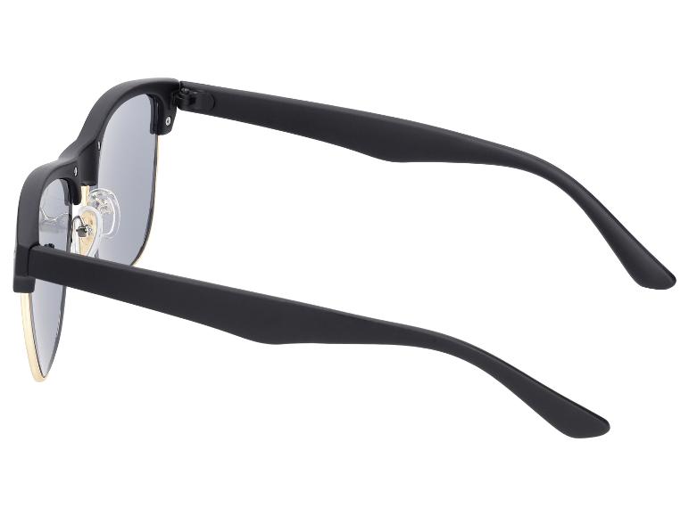 Lunettes de soleil noires avec verres gris et détails dorés, vue de dessus.