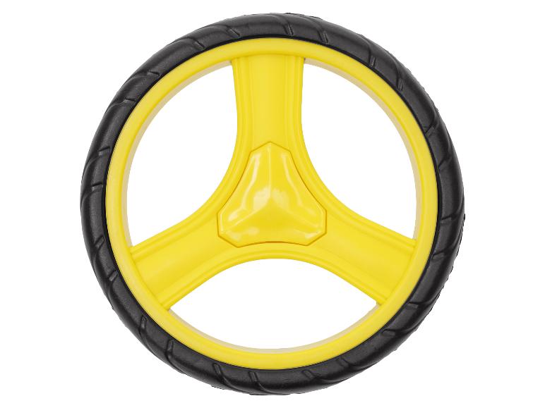 Roue jaune avec pneu noir, probablement partie d'un jouet ou d'un outil de mesure.
