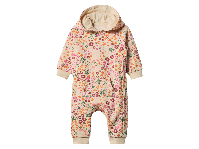 Combinaison bébé à capuche, motif floral.