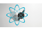 Structure abstraite de type atome avec des anneaux bleus et des objets circulaires gris foncé.