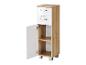 Meuble haut en bois clair avec deux tiroirs blancs brillants et une porte ouverte.