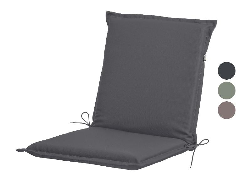 Coussin de chaise gris foncé avec dossier et attaches, avec échantillons de couleurs gris, vert et marron.