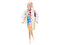 Poupée Barbie avec de longs cheveux blonds, un imprimé fleuri et un imperméable.