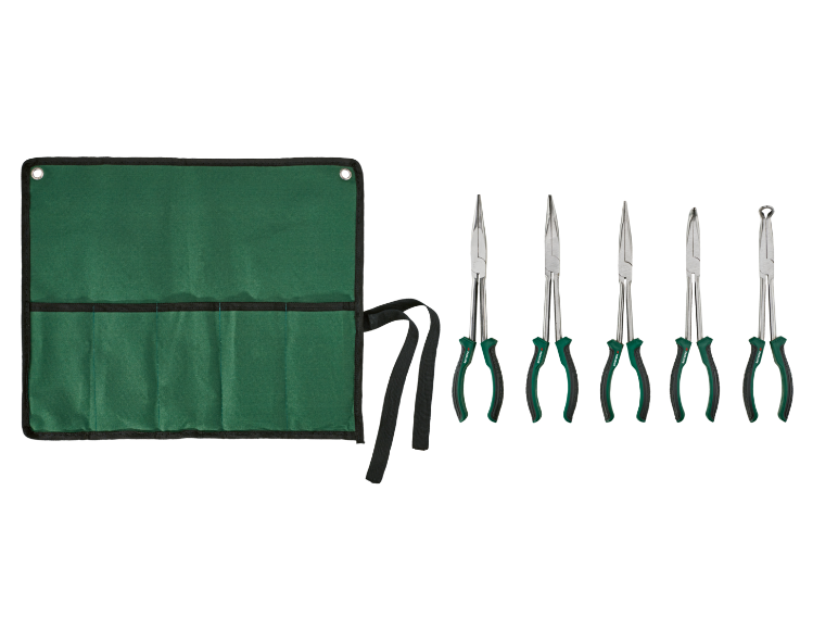 Jeu de cinq pinces à bec long avec une pochette de rangement verte.