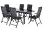 Ensemble de salle à manger de jardin gris foncé avec table extensible et six chaises pliantes.