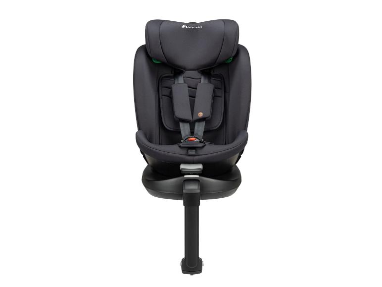 Siège auto noir avec harnais à cinq points et appui-tête réglable.