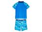 Ensemble de maillot de bain enfant : haut bleu marine à manches courtes et short imprimé océan.