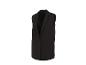 Long blazer noir sans manches avec un seul bouton et des poches.