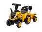Tracteur jouet jaune avec remorque et pelle, avec siège noir et volant.