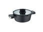 Une casserole noire avec un couvercle en verre transparent de la marque 'Chefclub Varda'.