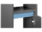 Détail d'une armoire grise avec une étagère bleu clair et une porte partiellement ouverte.