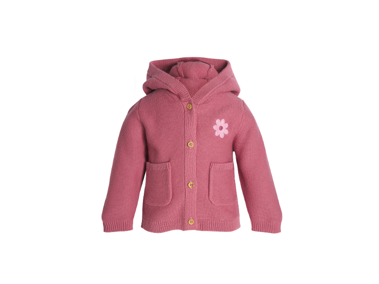 Cardigan bébé rose tricoté avec capuche, boutons en bois et application fleur.