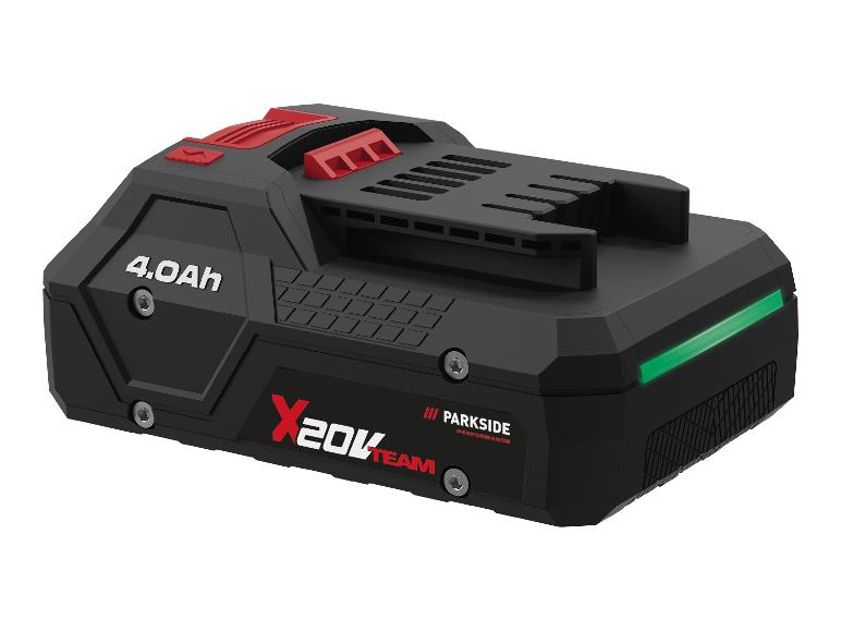 Batterie d'outil électrique 4.0Ah avec détails rouges et voyant lumineux vert.