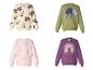 Sweat-shirts pour enfants : un avec des camions et des pelleteuses, un avec des dinosaures, un avec des ballerines et un avec un arc-en-ciel.
