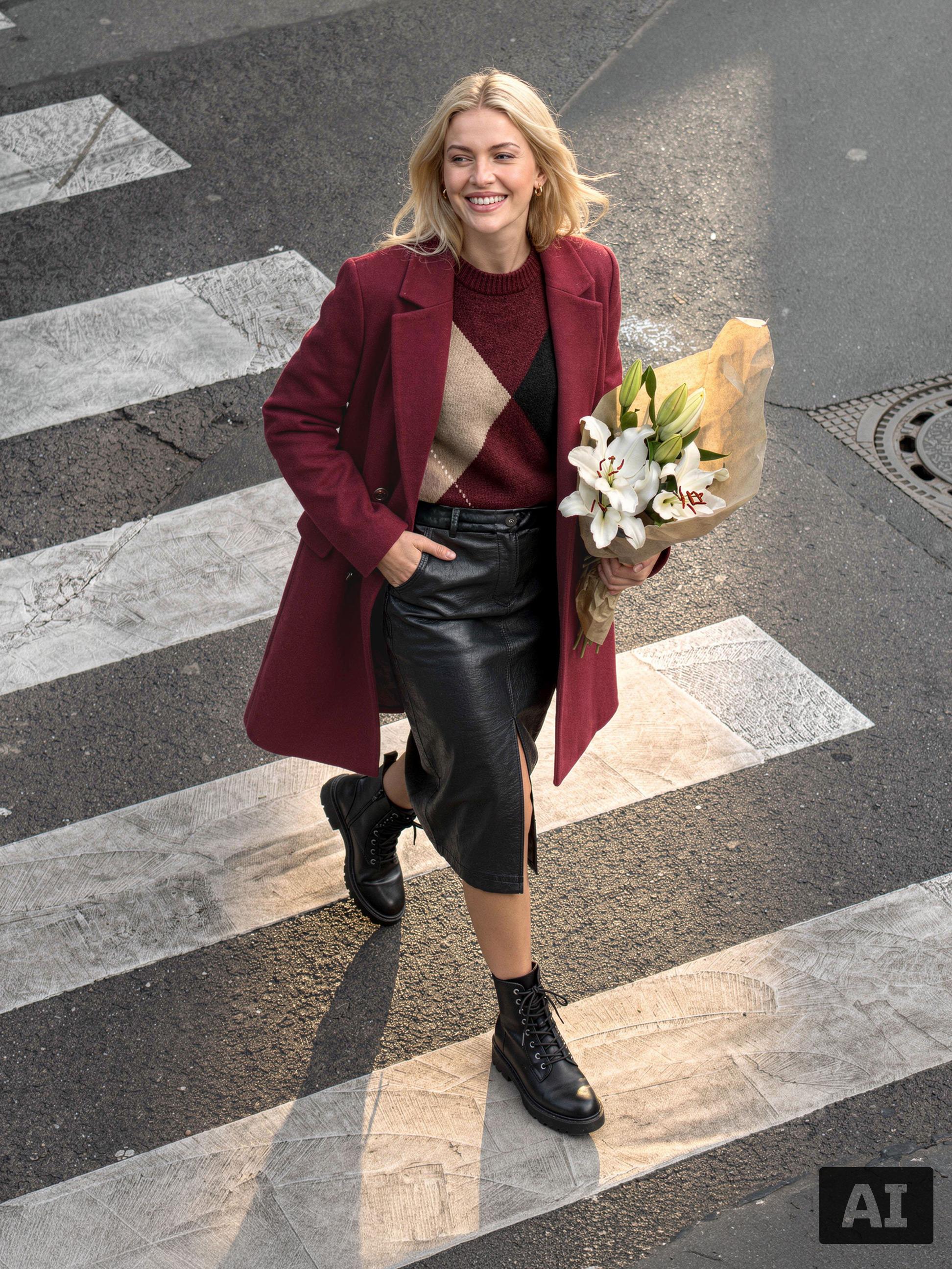 Femme en manteau bordeaux et pull argyle, jupe noire et bottes, portant des lys blancs.