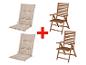 Deux chaises pliantes en bois et deux coussins beige pour l'extérieur.